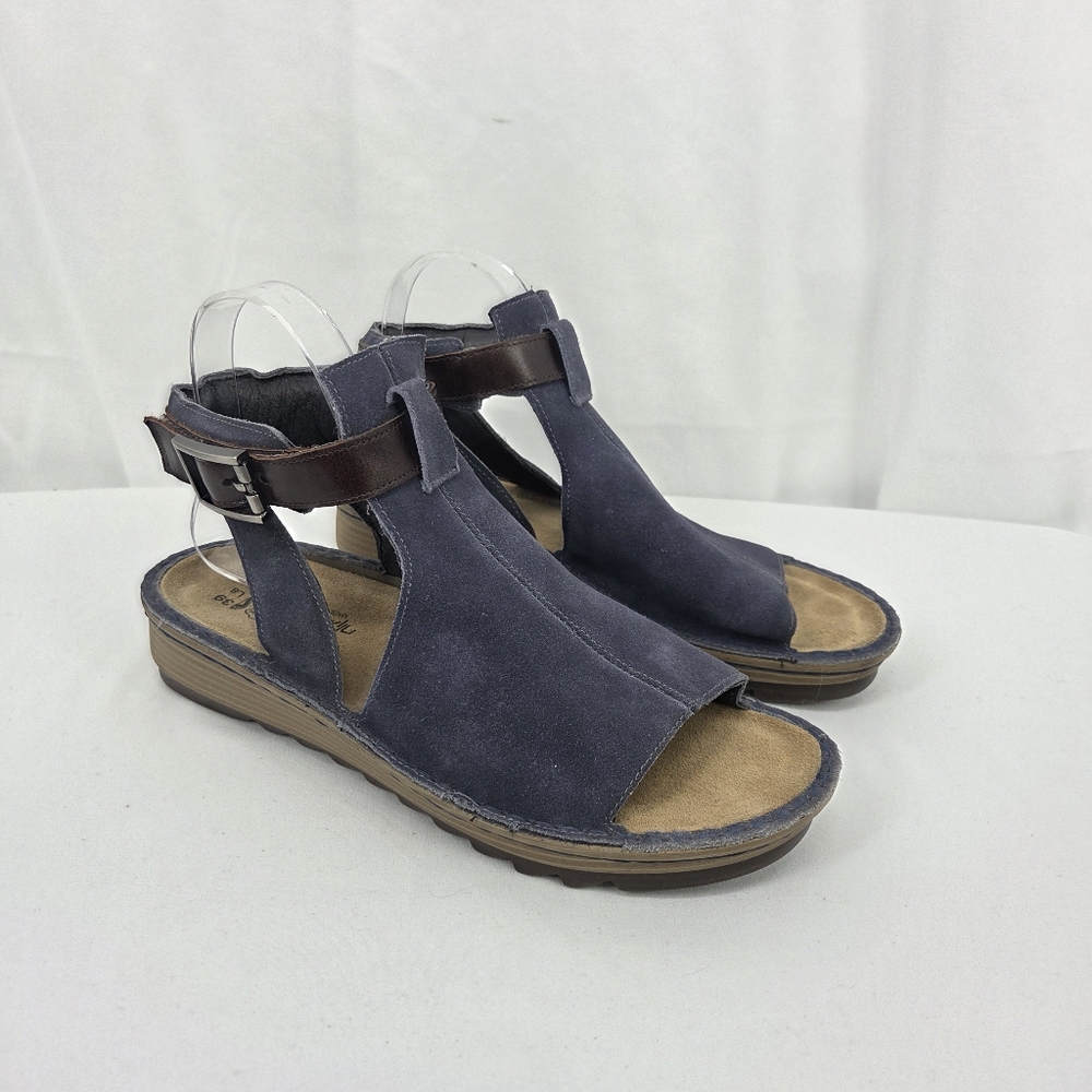 Naot Navy Suede T-Strap Sandals with Brown Strap